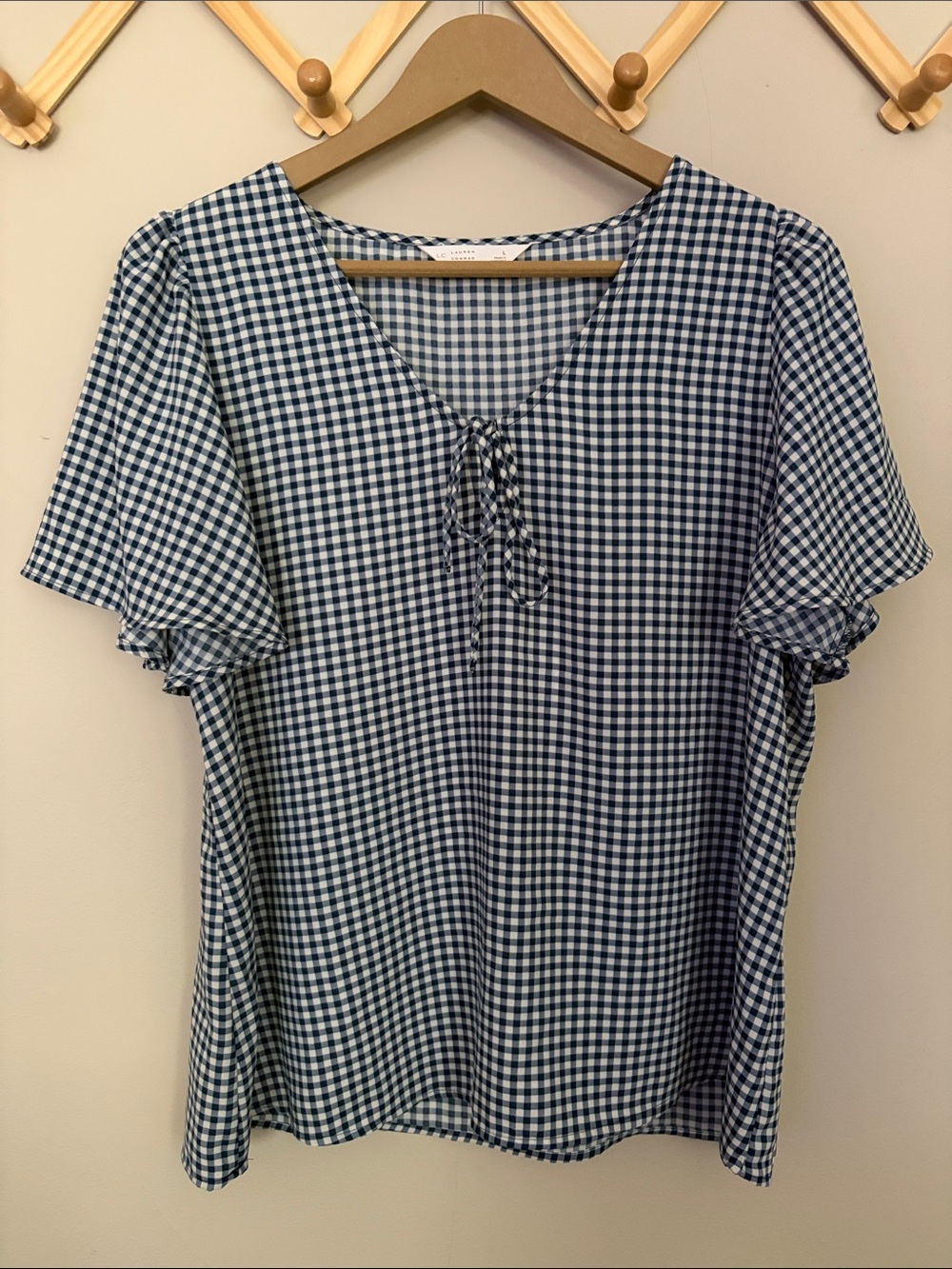 LC Lauren Conrad Navy Gingham Tie-Front Flutter Sleeve Top